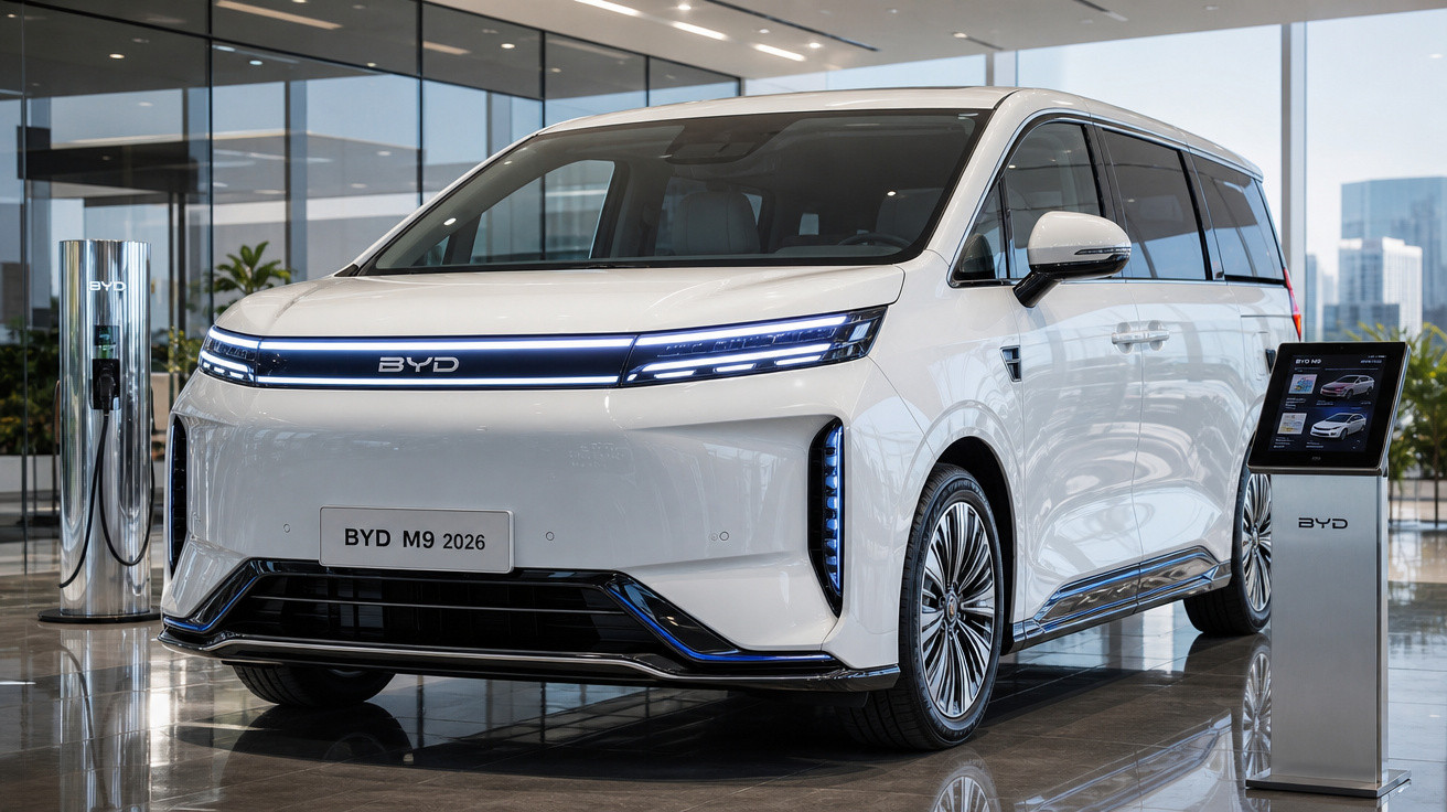 Minivan elétrica branca BYD M9 2026 em exposição interna com design moderno e iluminação LED.