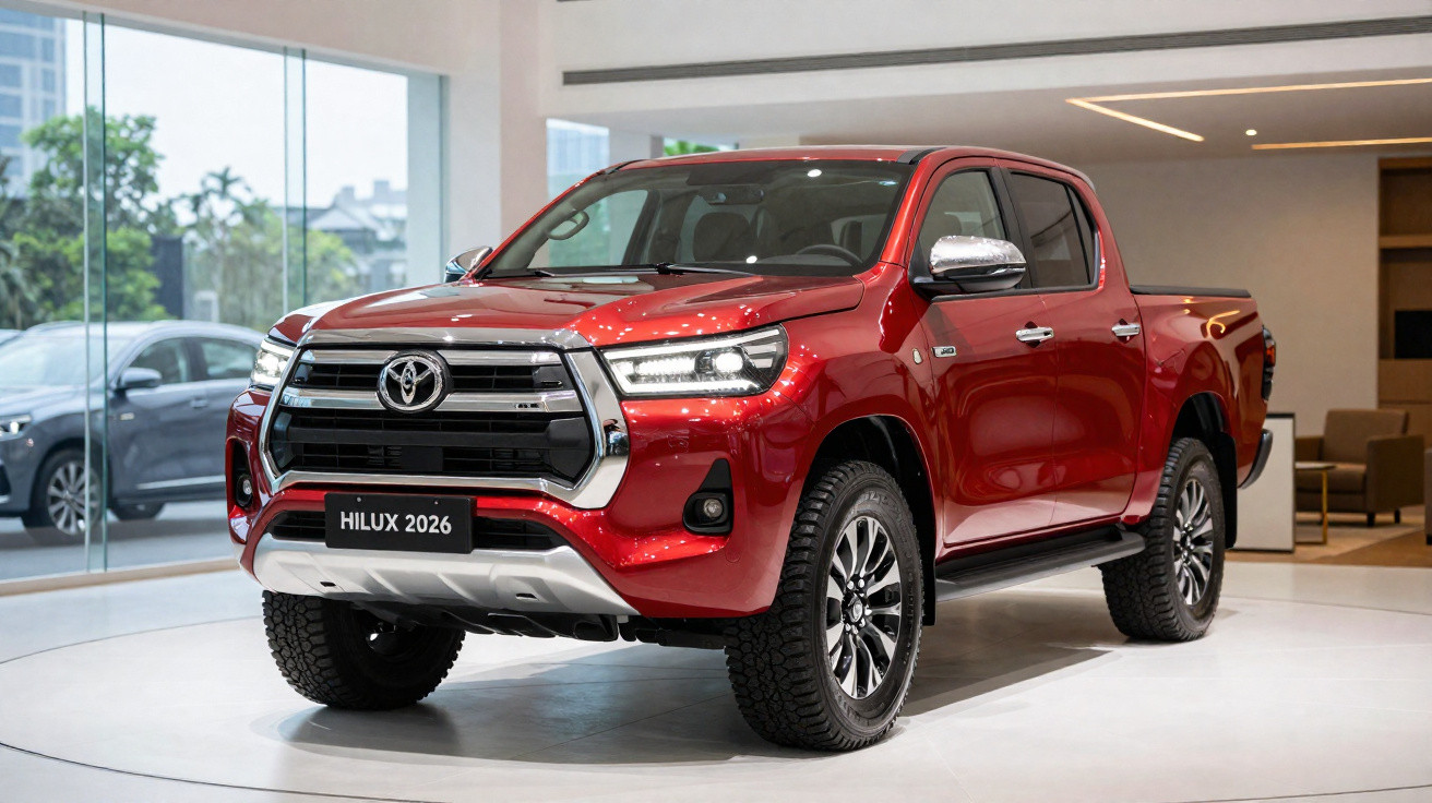 Picape Toyota Hilux 2026 vermelha em exposição interna, vista frontal direita.