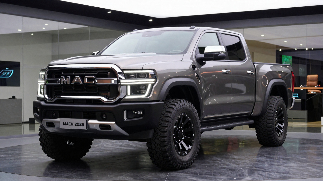 Picape cinza MACK 2026 exibida em salão, com pneus robustos e design moderno.