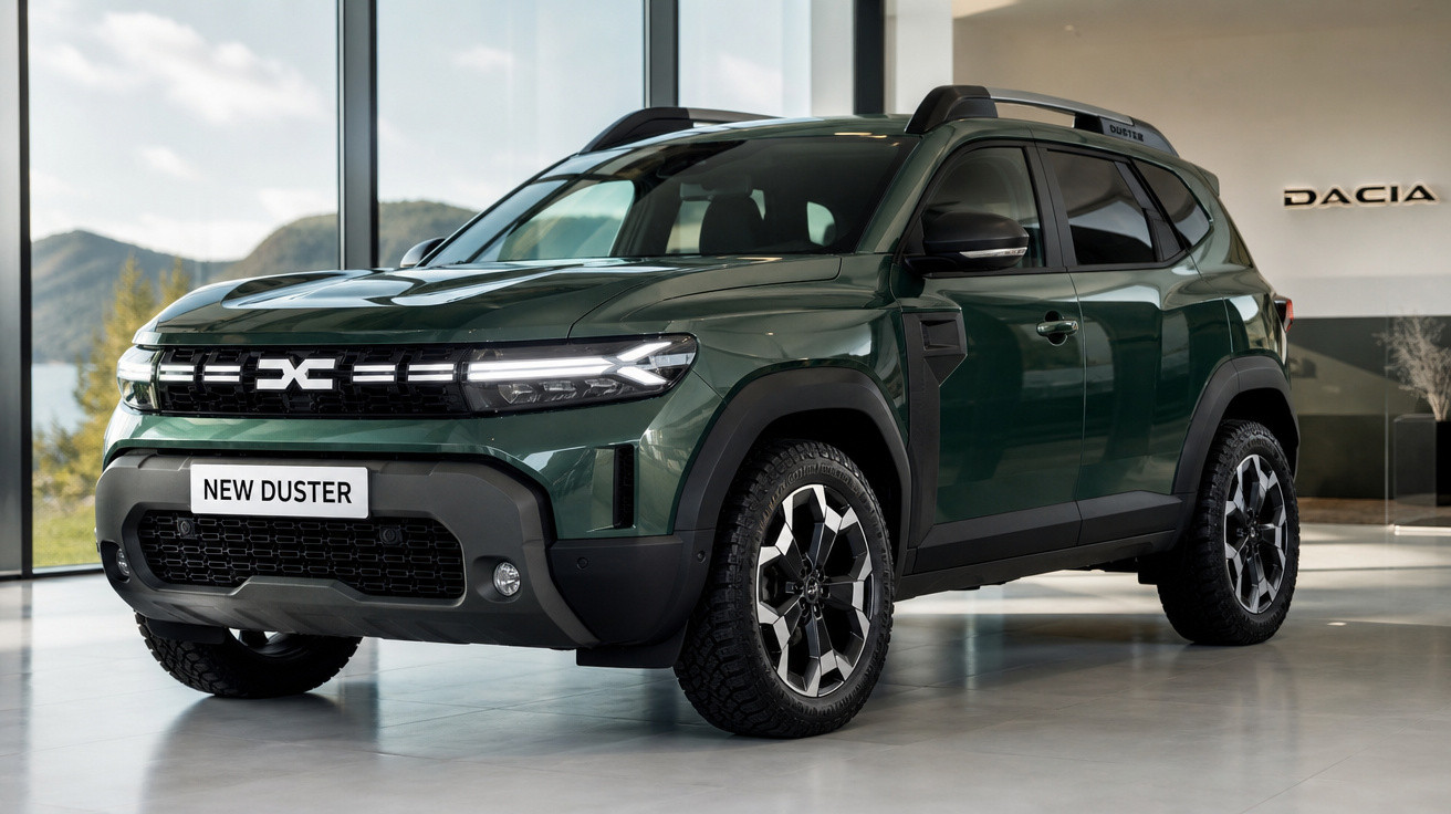 SUV verde escuro Dacia New Duster estacionado em ambiente interno moderno com paredes de vidro.