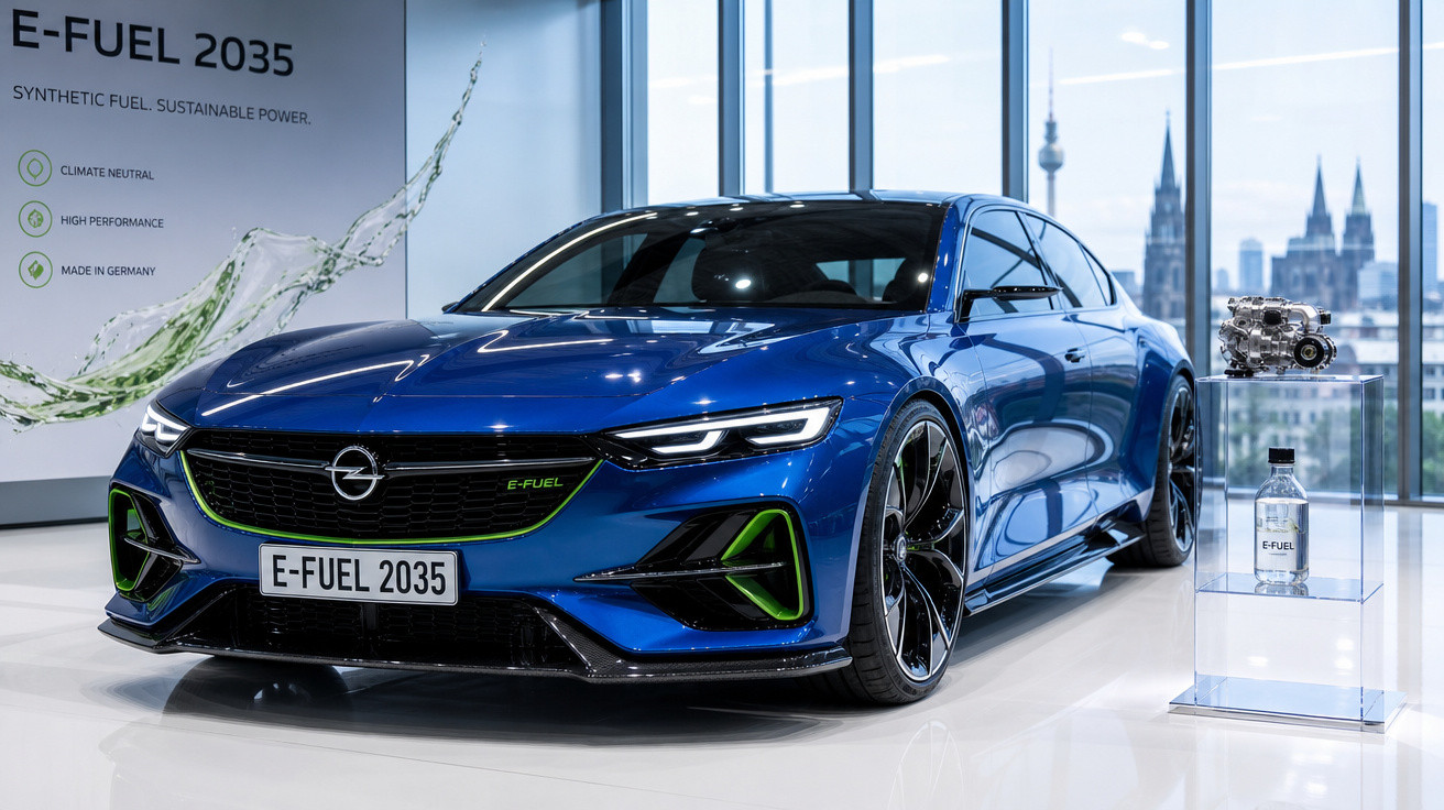 Carro esportivo elétrico azul E-Fuel 2035 em exibição com motor e garrafa de combustível ao lado.