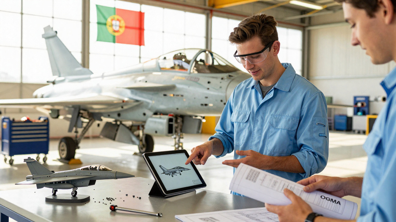 Dois técnicos revisam projeto de avião em hangar com avião militar ao fundo e bandeira de Portugal.