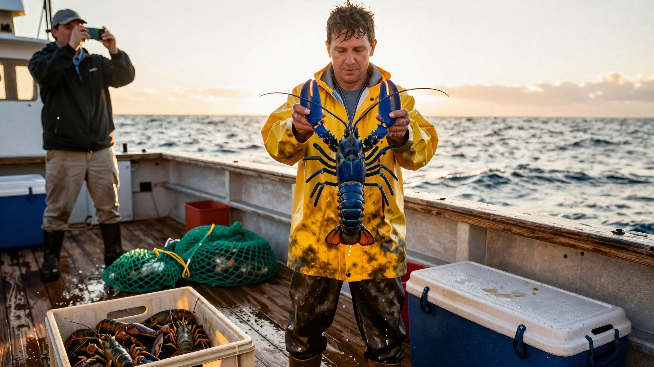 Pescador vestindo capa amarela segura lagosta azul grande em barco no mar durante o pôr do sol.
