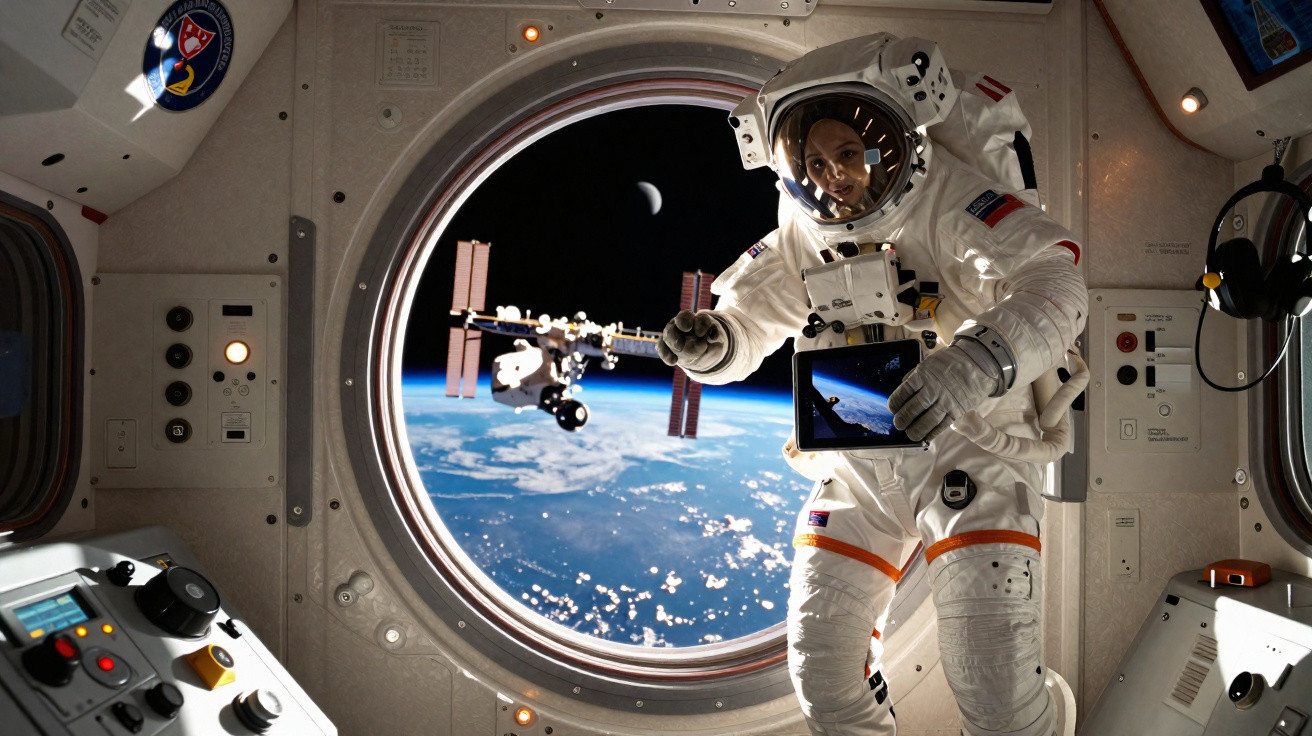 Astronauta com tablet flutua dentro de nave espacial com vista da Estação Espacial Internacional e Terra ao fundo.