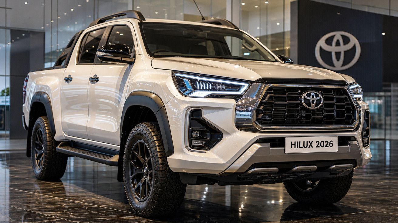 Picape Toyota Hilux 2026 branca exposta em showroom com luzes LED acesas.
