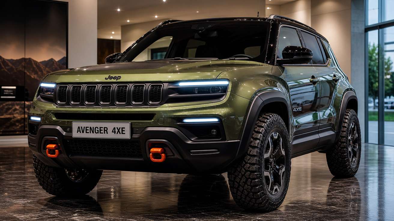 Jeep Avenger 4XE verde estacionado em ambiente interno com teto preto e detalhes em laranja.