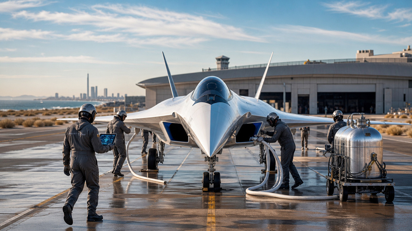 Caça stealth branco é abastecido por equipe em uniforme cinza num aeroporto com céu azul e prédios ao fundo.