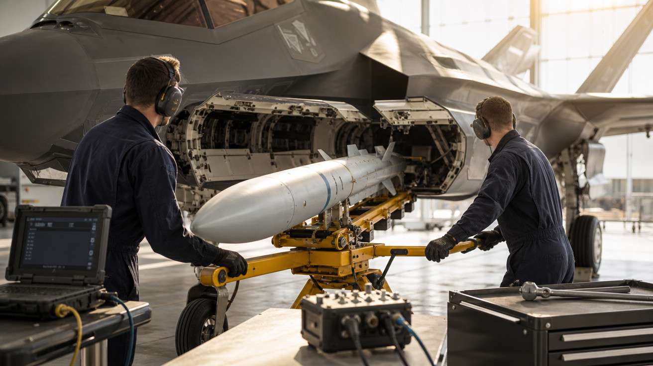 Dois técnicos transferem míssil para compartimento aberto de avião militar em hangar iluminado.