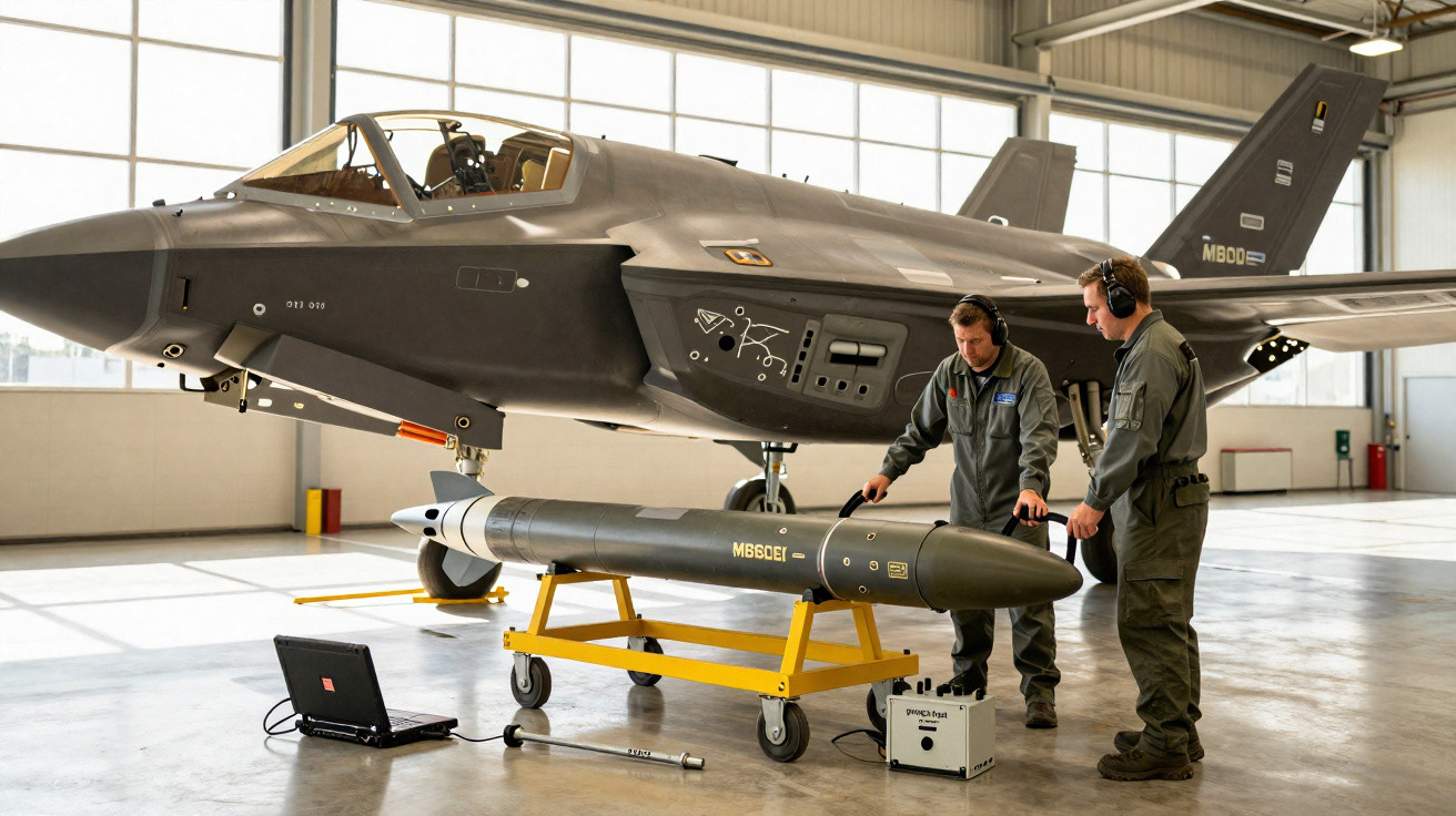 Dois técnicos inspecionam uma bomba ao lado de um caça militar em hangar amplo e iluminado.