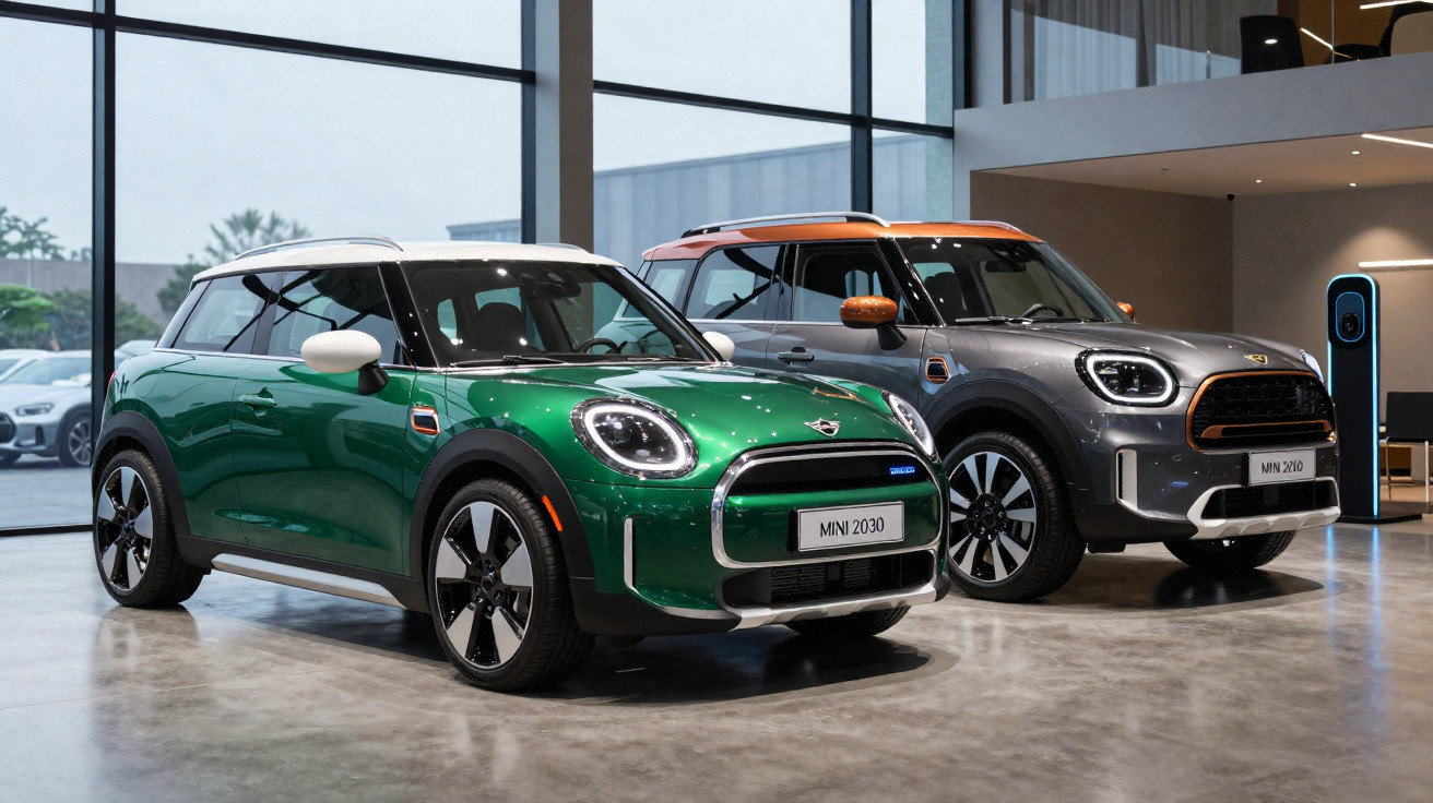 Dois carros Mini Cooper modernos em exibição em showroom com grandes janelas de vidro ao fundo.