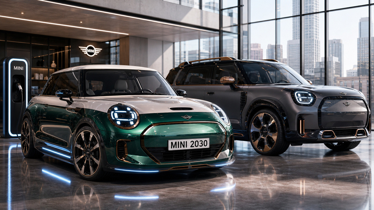 Dois carros elétricos MINI em showroom moderno com painéis de vidro e iluminação ambiente.
