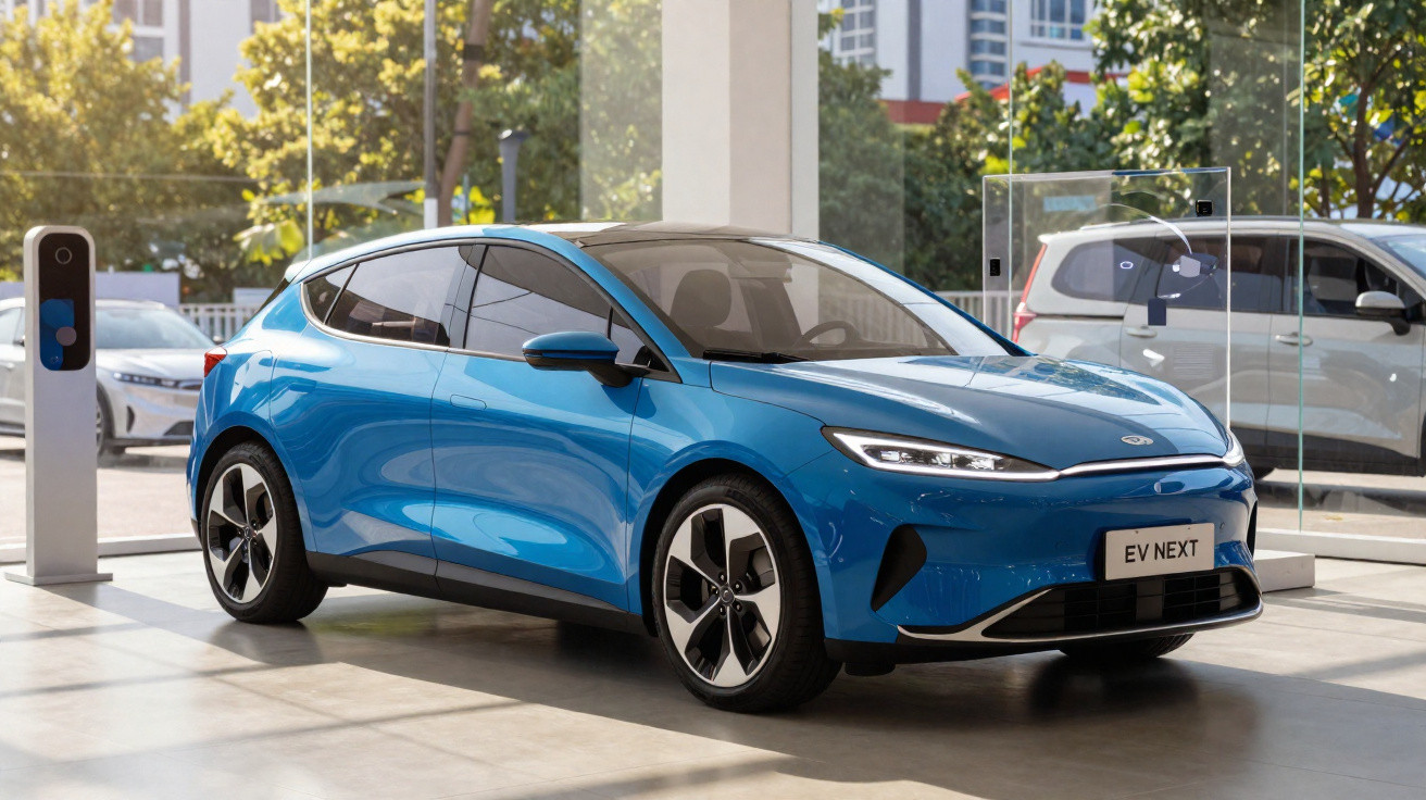 Carro elétrico azul estacionado em showroom com carregador ao lado e prédios ao fundo.