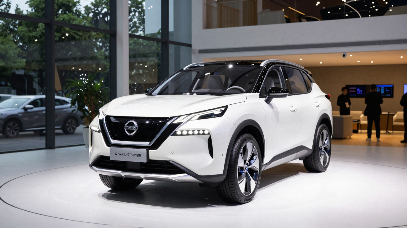 Carro SUV branco Nissan X-Trail e-Power exposto em salão moderno com mulheres ao fundo.