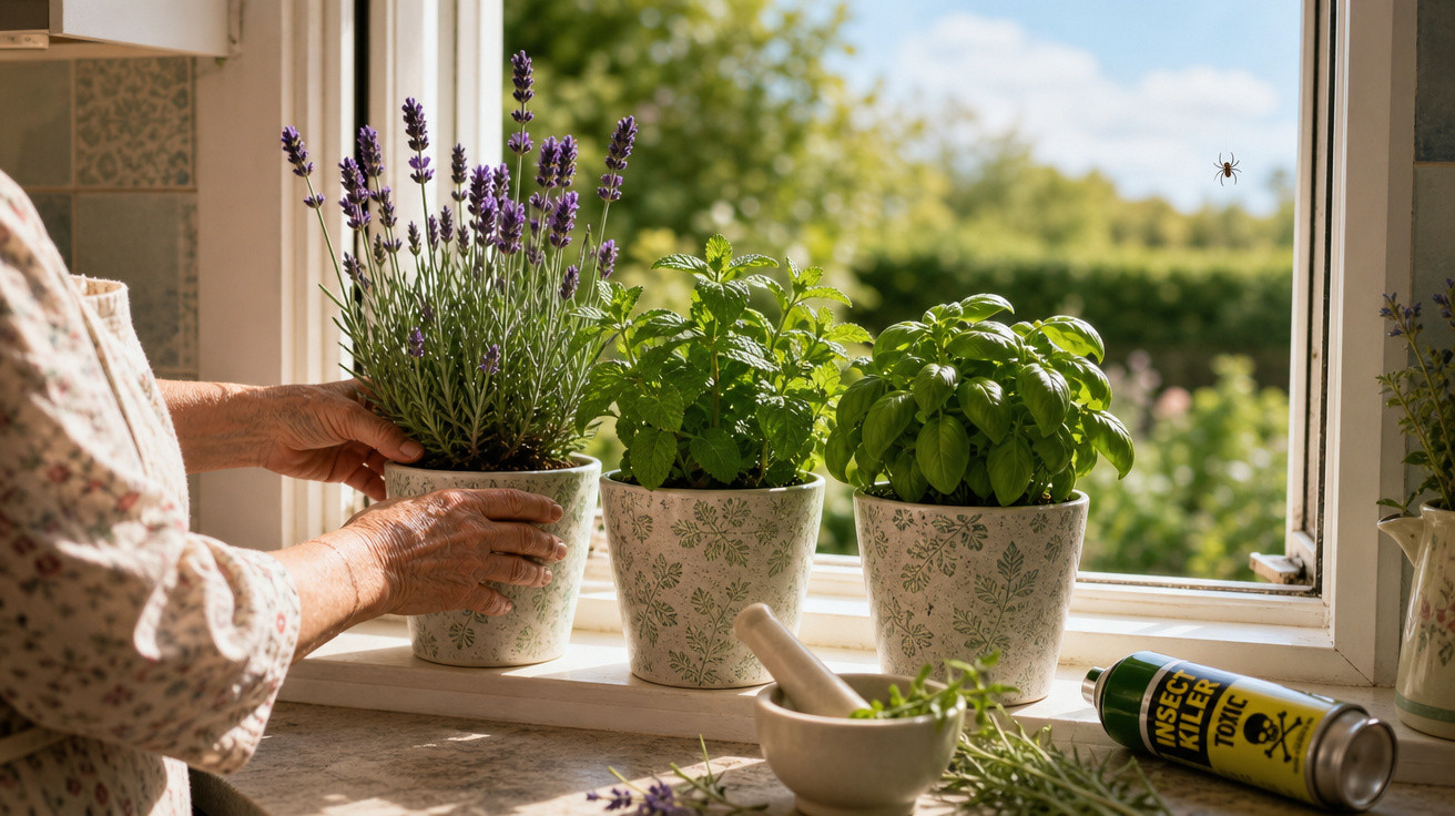 Mãos cuidando de vasos com plantas aromáticas na janela de uma cozinha ensolarada.