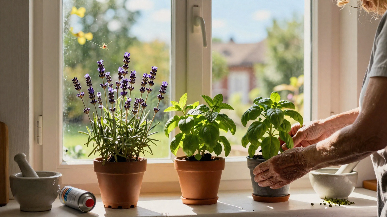 Mãos cuidando de plantas em vasos na janela com lavanda, manjericão e hortelã, luz natural entrando.