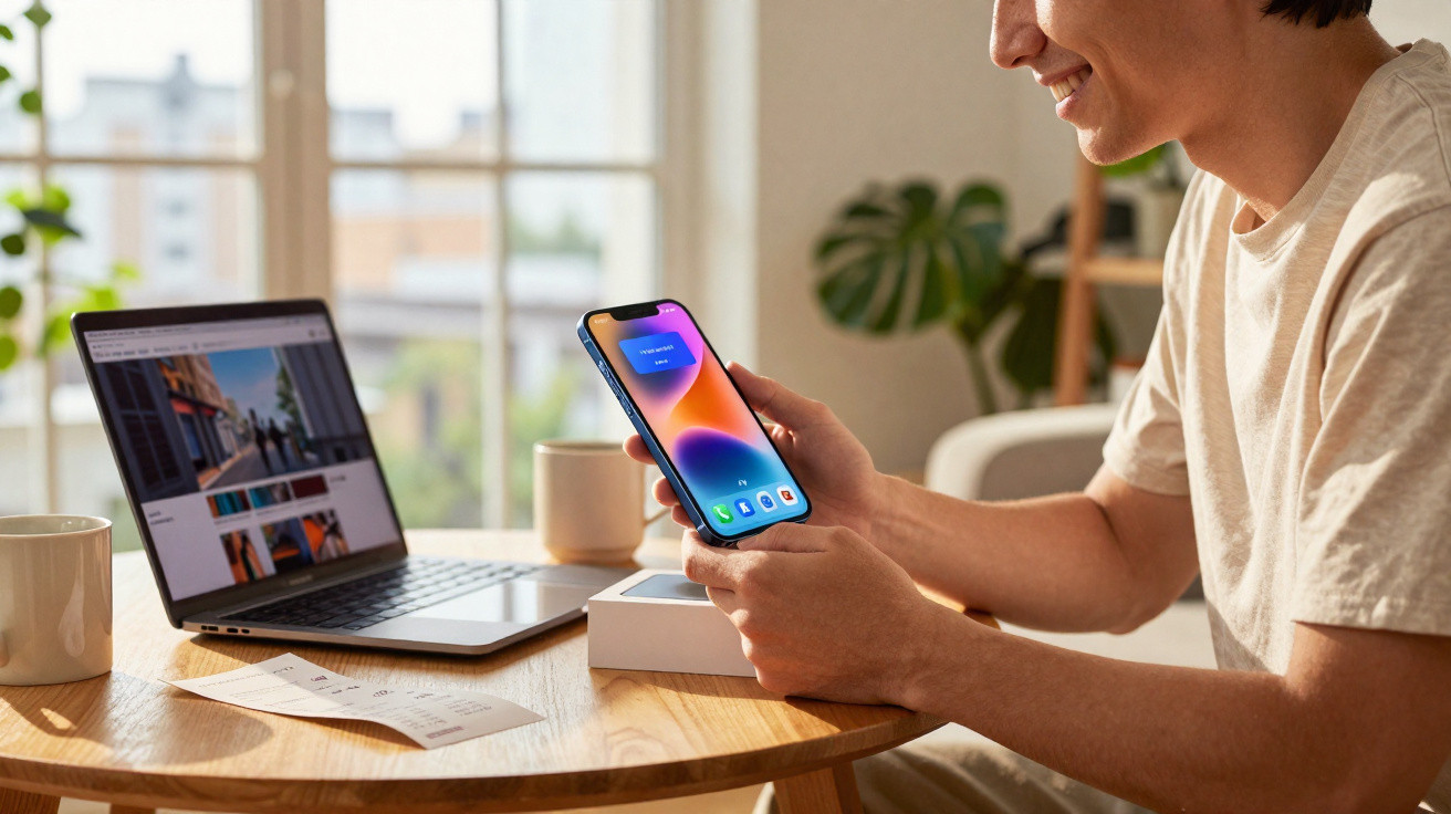 Pessoa sorrindo segurando um smartphone novo em uma mesa com notebook, xícara e recibo em ambiente iluminado.
