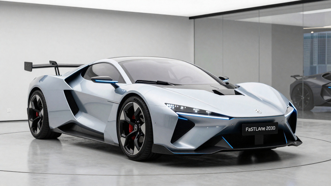 Carro esportivo cinza com design futurista exibido em ambiente interno moderno e minimalista.