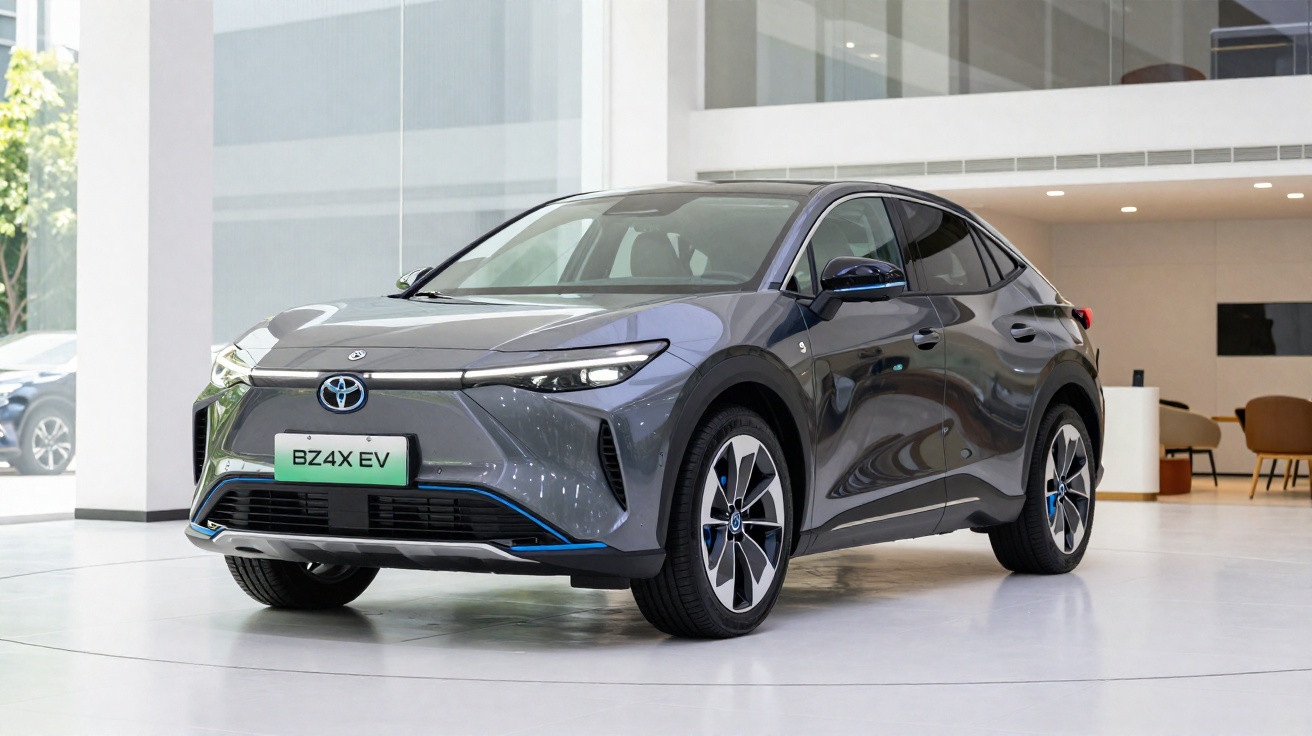 Carro elétrico Toyota BZ4X EV cinza exibido em ambiente interno moderno.