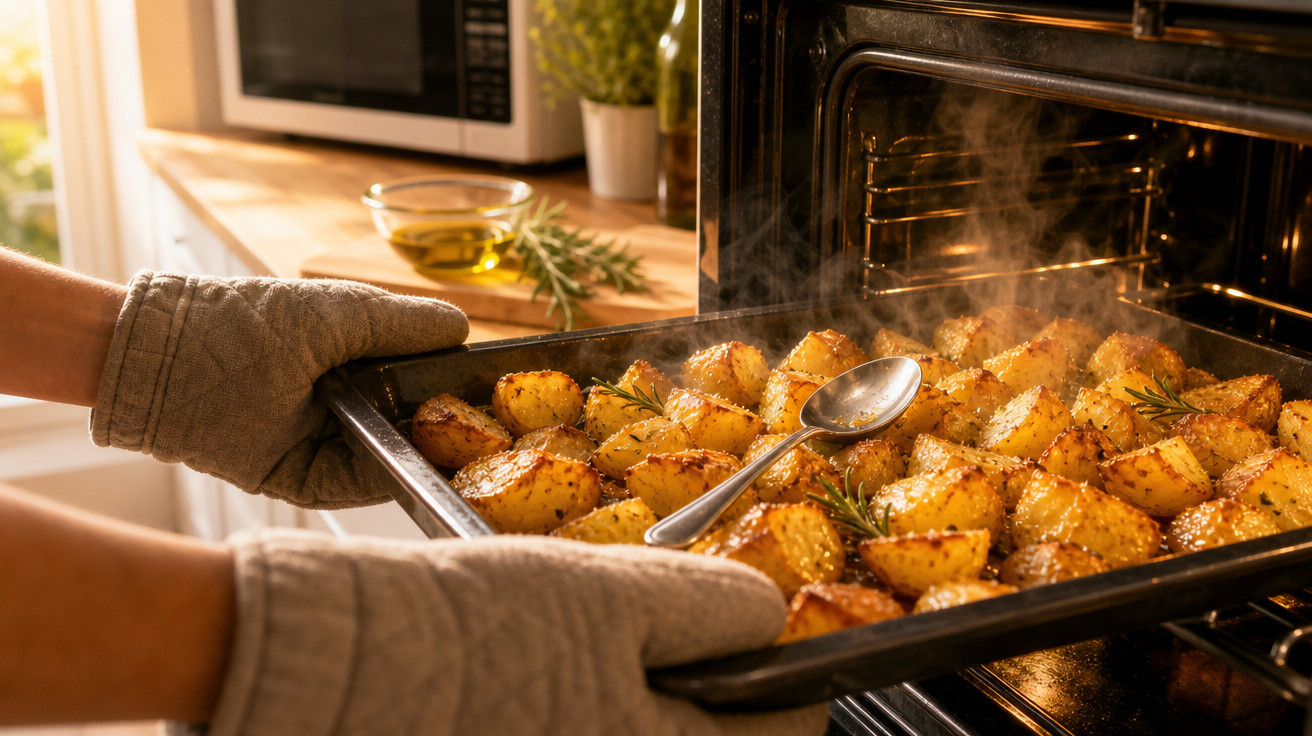 Pessoa retirando assadeira com batatas douradas e temperadas do forno em cozinha iluminada.