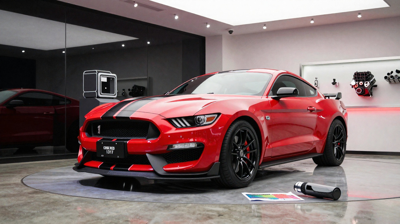Carro esportivo vermelho com listras pretas em exposição dentro de showroom moderno.