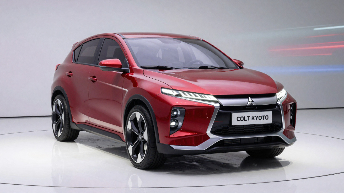 Carro vermelho Mitsubishi Colt Kyoto em estúdio com fundo neutro e iluminação suave.