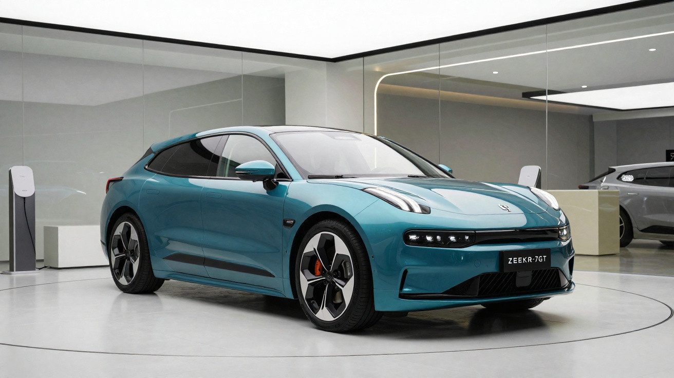 Carro elétrico azul Zeekr 7GT em sala de exposição moderna com carregadores ao fundo.