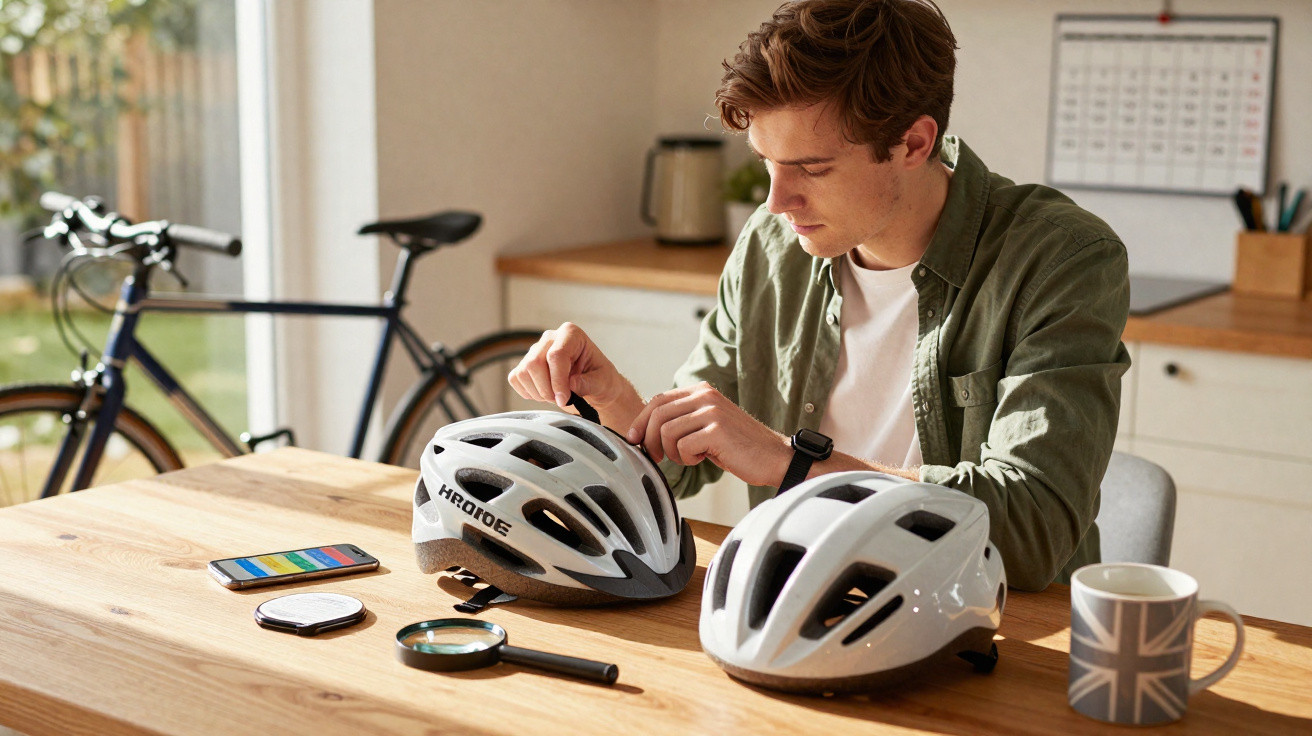 Homem arruma capacete branco para bicicleta em mesa com lupa, celular e caneca, bicicleta ao fundo.