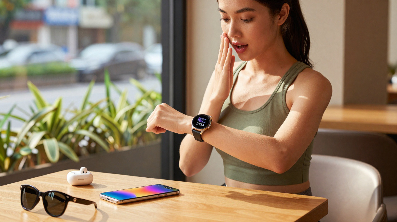 Mulher surpresa olhando relógio inteligente enquanto está sentada à mesa com celular, óculos e fones.