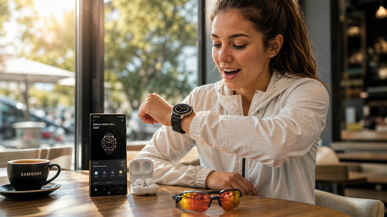 Jovem animada conferindo o relógio Samsung Galaxy Watch Ultra em cafeteria com fones e celular na mesa.