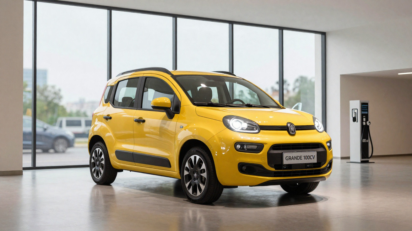Carro elétrico amarelo Fiat Grande 100CV em exposição dentro de showroom moderno com janelas grandes.