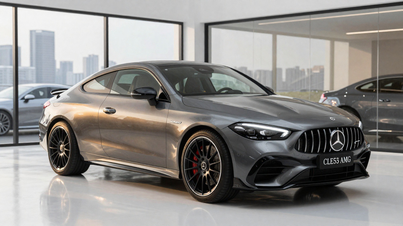 Carro esportivo Mercedes-Benz cinza estacionado em showroom com vidros amplos e cidade ao fundo.