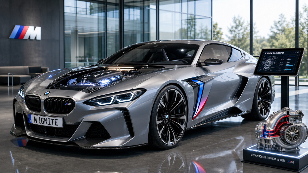 Carro esportivo BMW M Ignite prata com capô transparente exibindo o motor em showroom moderno.