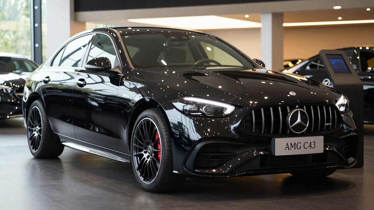 Carro Mercedes-Benz AMG C43 preto exibido em showroom com rodas esportivas e detalhes vermelhos nos freios.