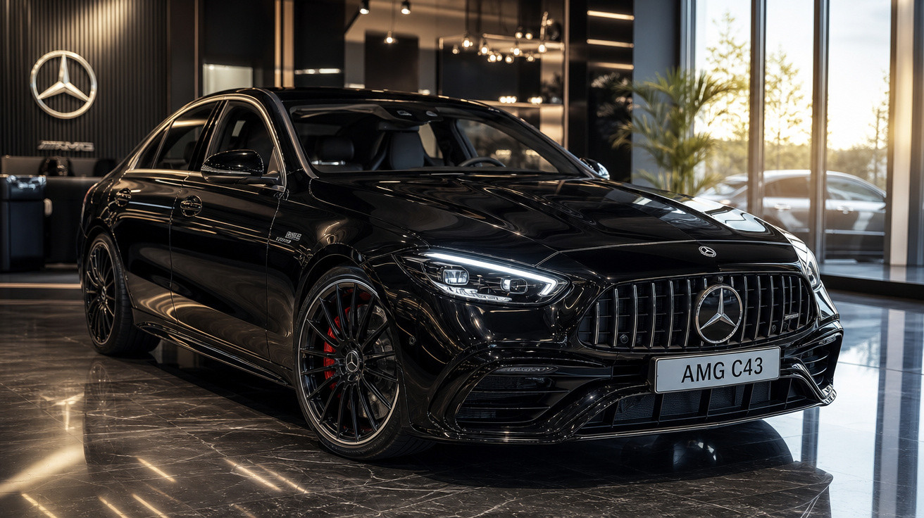 Carro preto Mercedes-Benz AMG C43 exposto em showroom com piso de mármore e iluminação moderna.