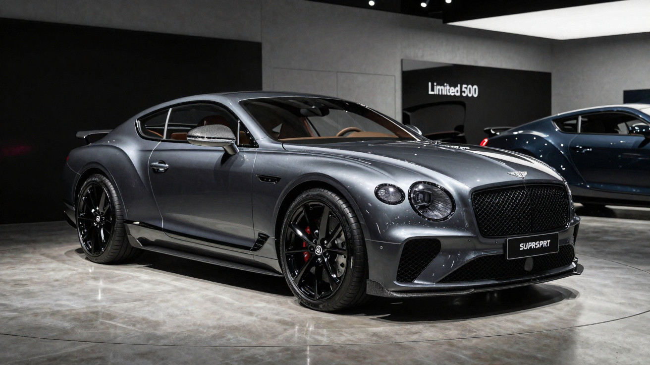 Carro esportivo cinza Bentley Continental GT em exposição em salão com piso de concreto polido.