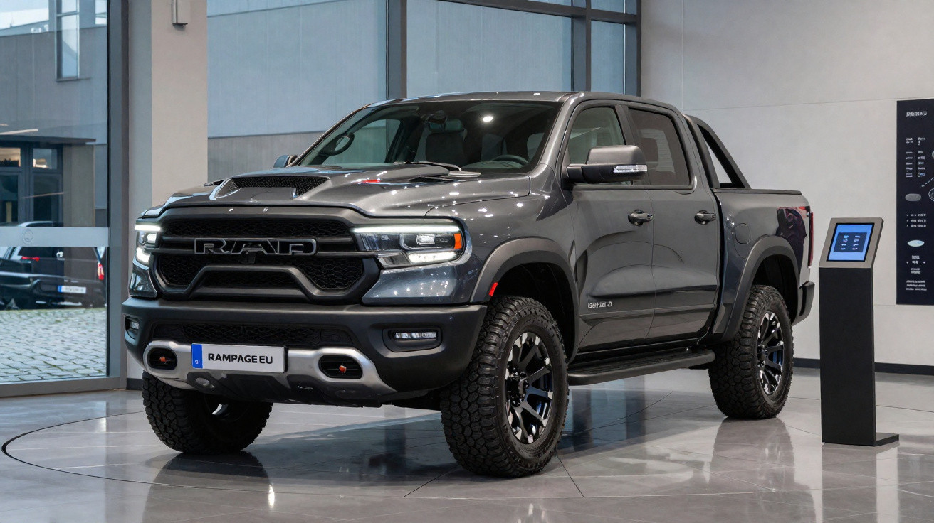 Picape RAM cinza escuro exibida em showroom moderno com teto solar aberto e pneus grandes off-road.