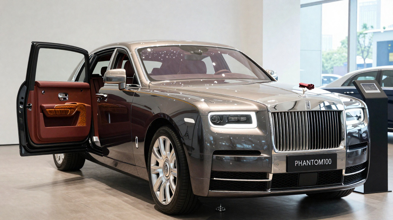 Carro de luxo Rolls-Royce Phantom 100 cinza com porta dianteira esquerda aberta em showroom.