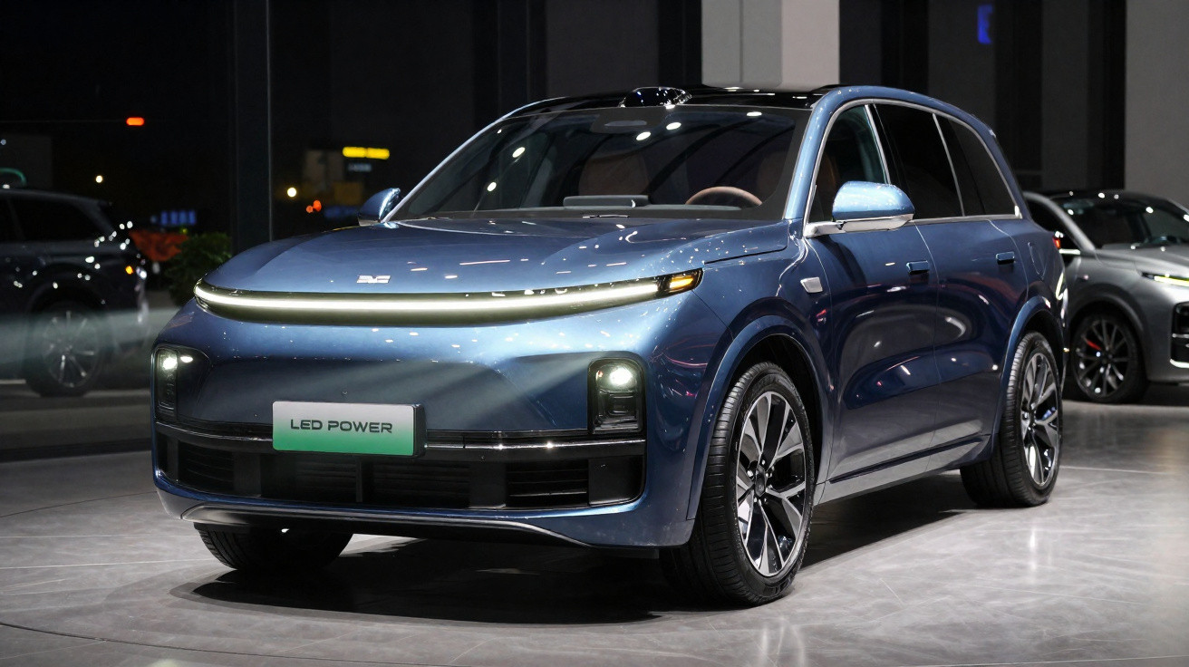 Carro SUV elétrico azul com faróis de LED exposto em ambiente interno iluminado.