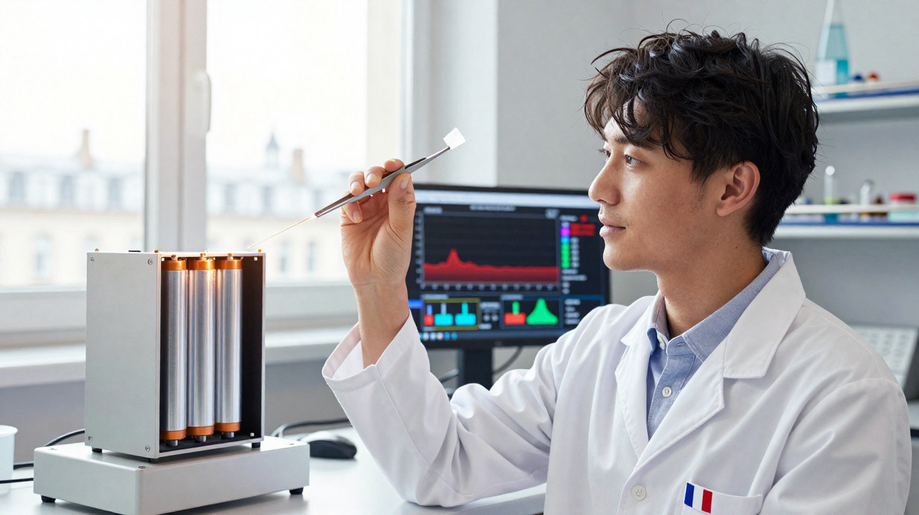 Cientista em laboratório com jaleco branco manipulando equipamento e analisando dados no computador.