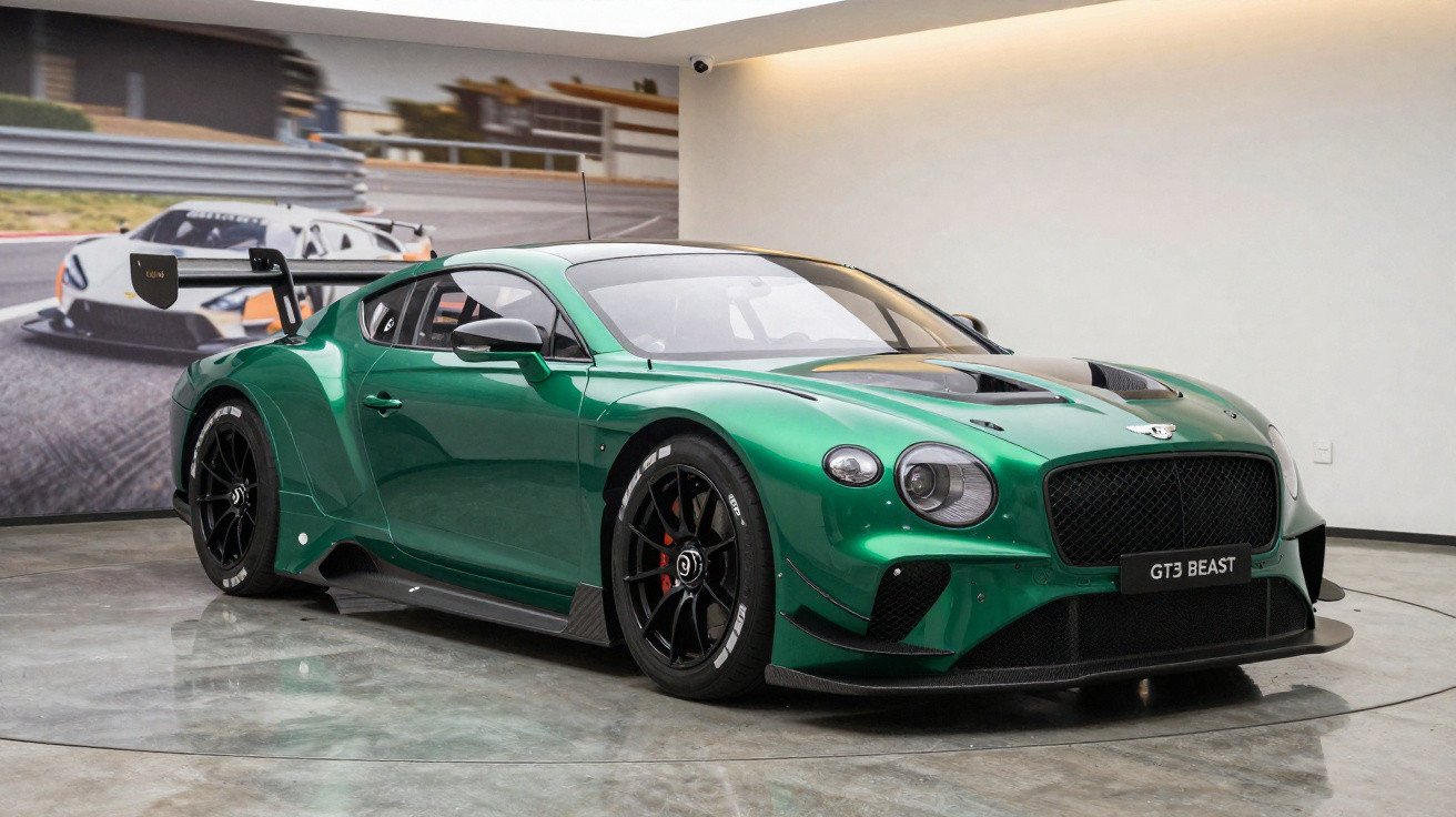 Carro esportivo verde Bentley GT3 BEAST estacionado em piso de concreto dentro de galeria.