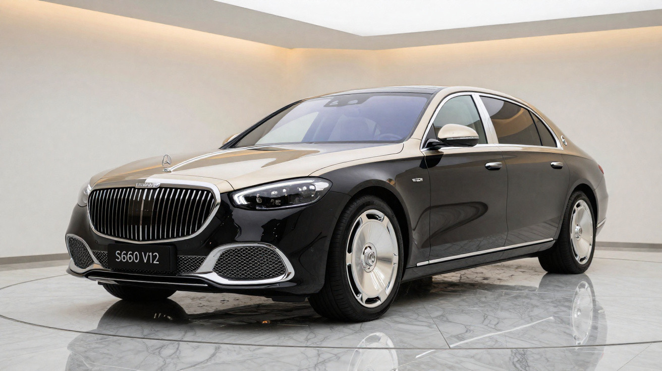 Carro sedan de luxo Mercedes-Maybach S660 V12 preto e dourado em estúdio moderno com chão de mármore.