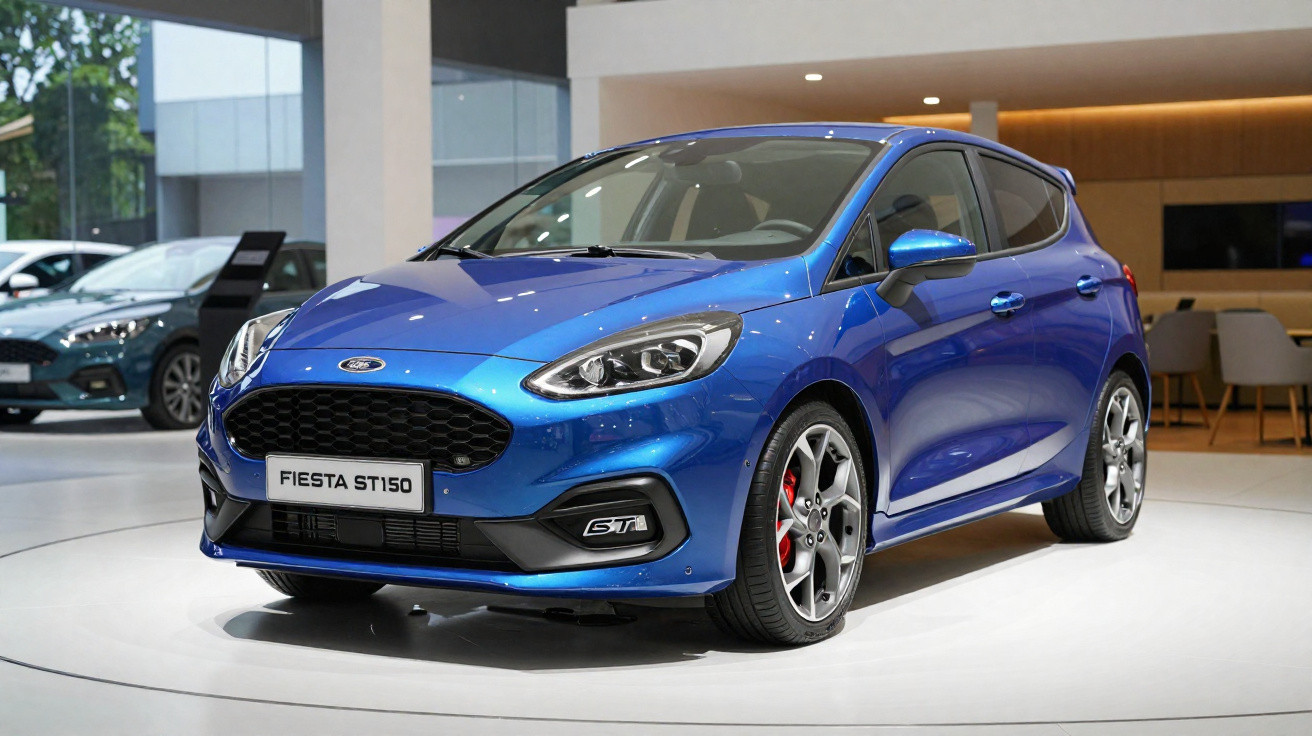 Carro azul Ford Fiesta ST150 exposto em showroom moderno com iluminação branca e ambiente interno.