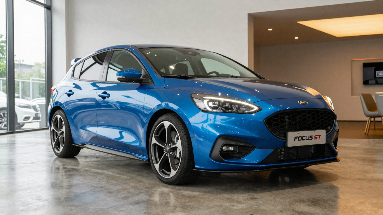 Ford Focus ST azul estacionado em showroom moderno com piso de cimento polido.