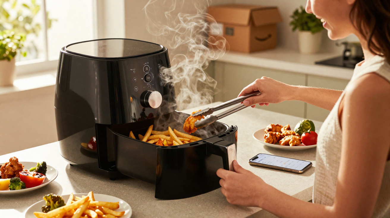 Mulher retirando frango frito e batatas quentes de air fryer preta em cozinha iluminada.