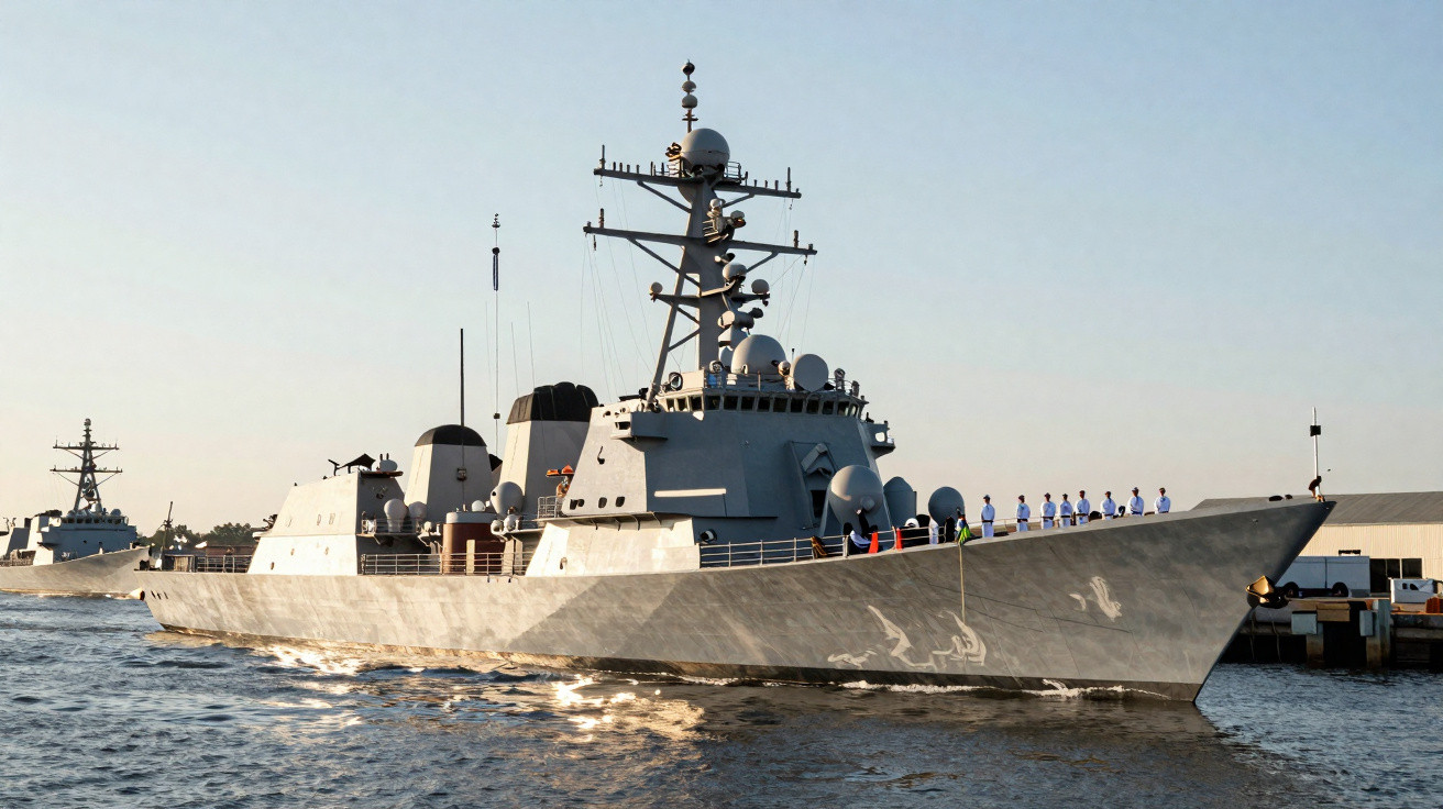 Navio militar cinza atracado no porto com tripulação alinhada no convés durante o dia.