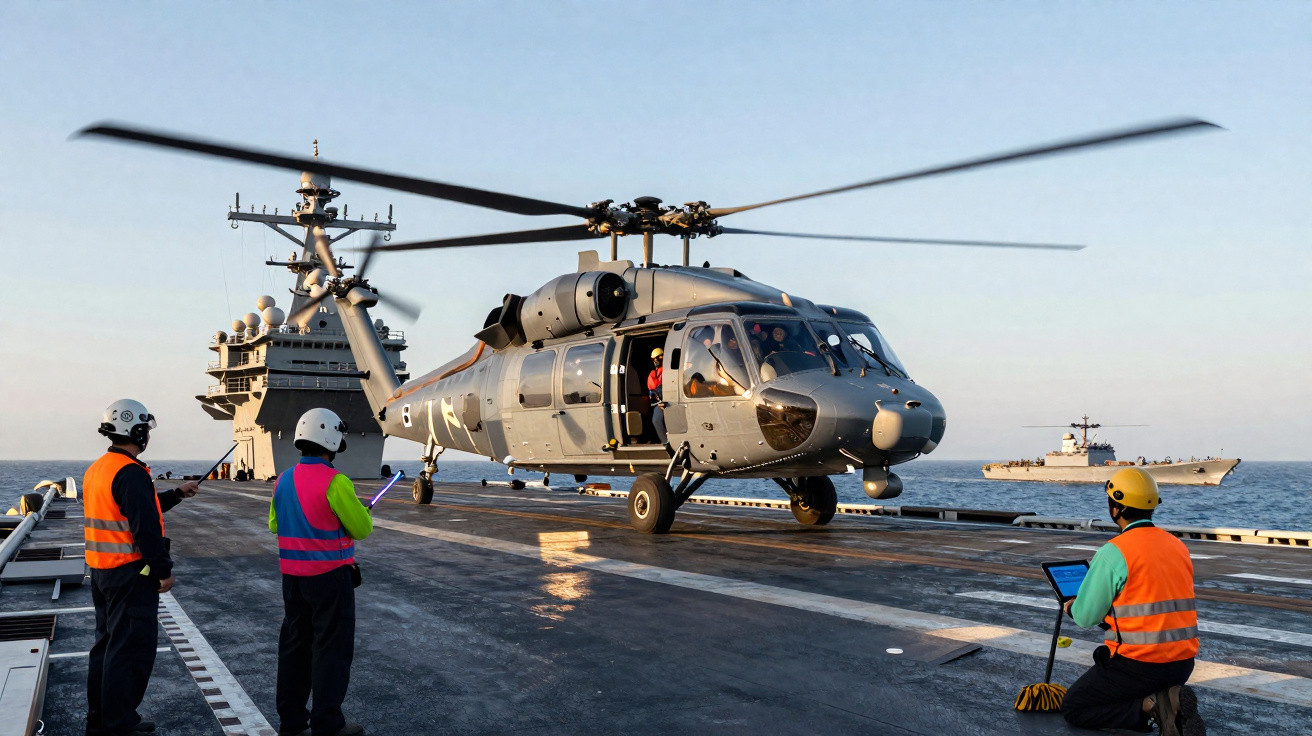 Helicóptero cinza pousando em porta-aviões com equipe de solo usando coletes e capacetes coloridos.