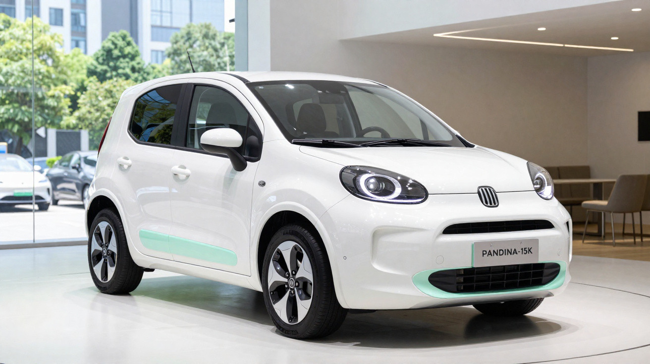 Carro compacto branco Fiat Pandina-15K em exposição em ambiente moderno e iluminado.
