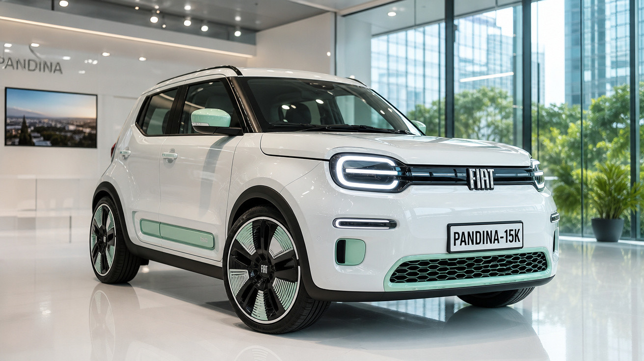 Carro elétrico branco Fiat Pandina-15K exibido em showroom moderno com teto de luzes e janela de vidro.