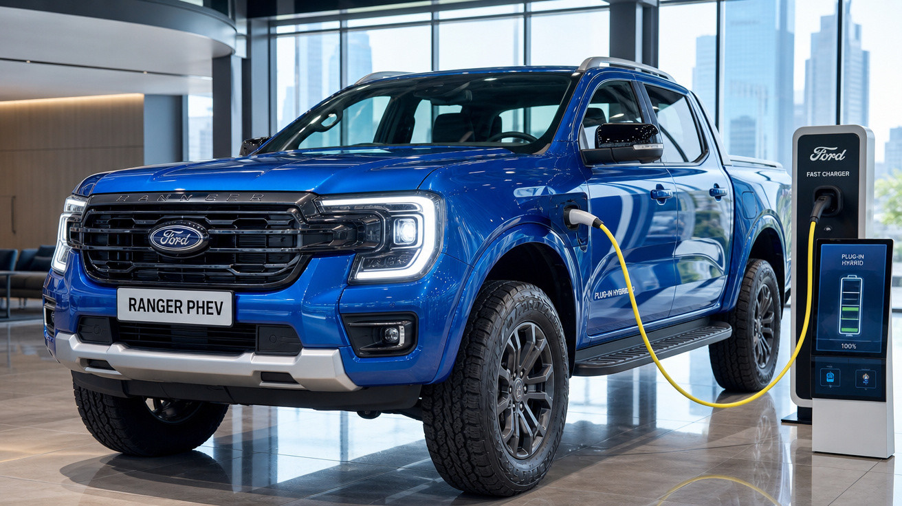 Picape azul Ford Ranger PHEV carregando em estação de energia elétrica em showroom moderno.