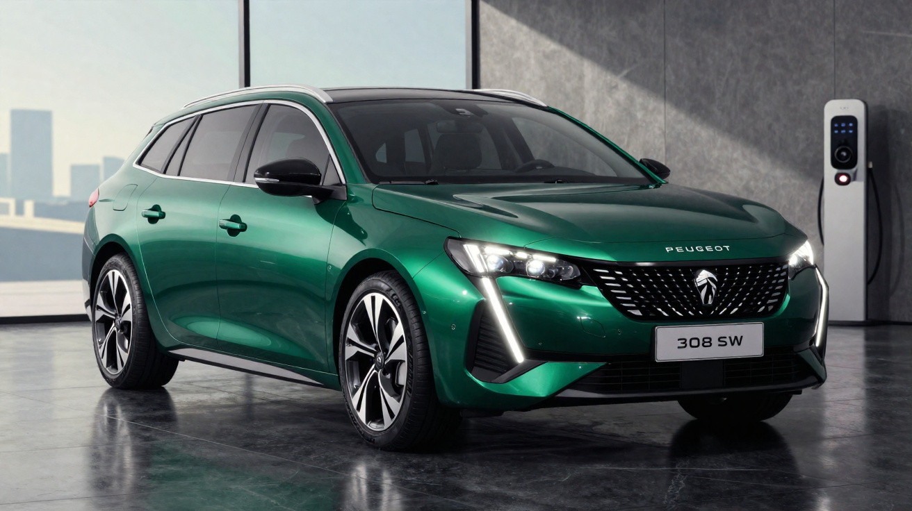 Carro verde Peugeot 308 SW estacionado em garagem com carregador elétrico à direita.